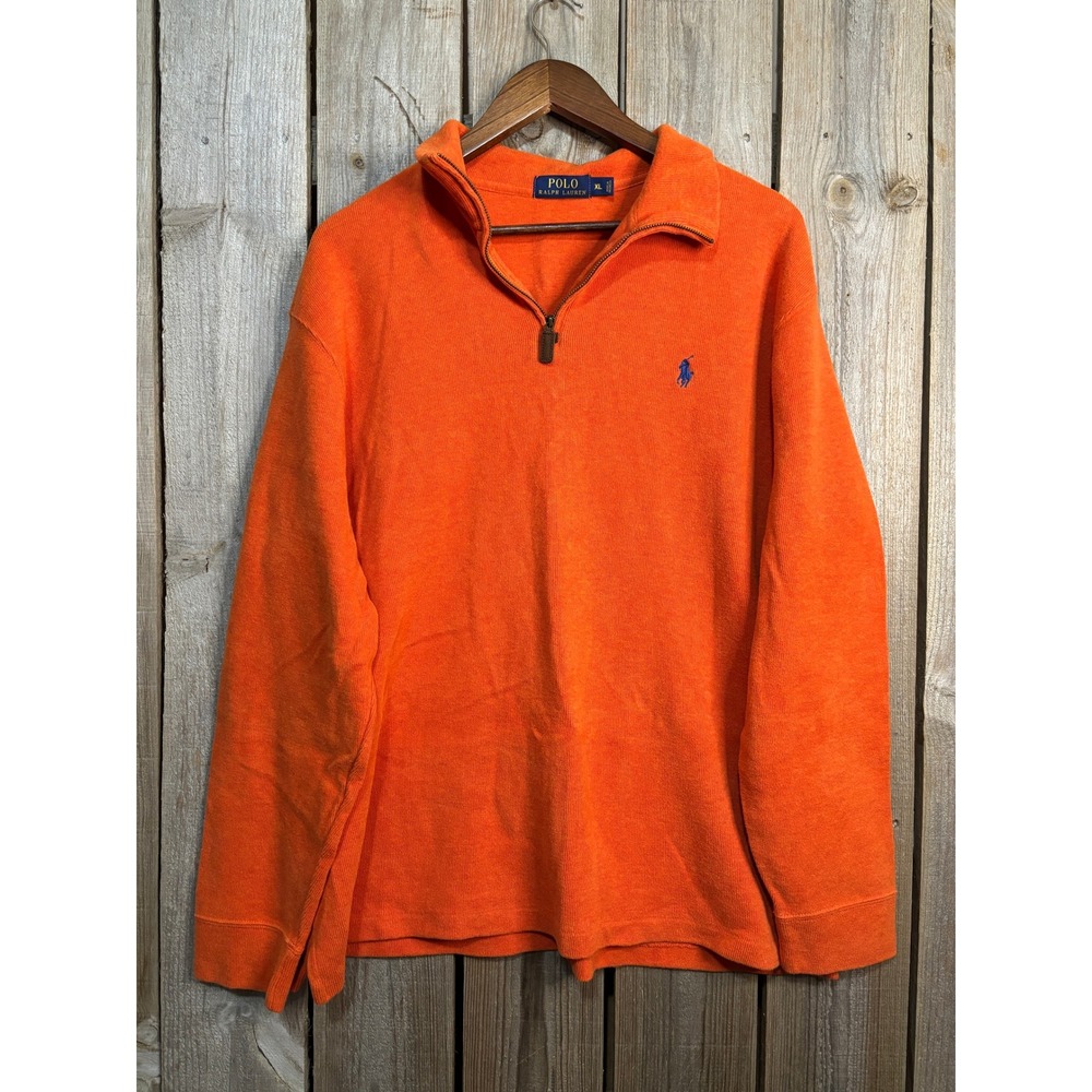 Polo Ralph Lauren Mens XL Orange Cotton Quarter Zip Pullover Sweater Blue Pony